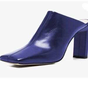 FSJ Women Closed Squared Toe Mules Slip On Chunky Mid High Heels Blue Shoes